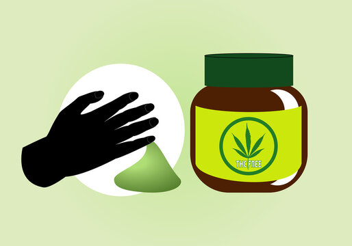 Cannabis. Frasco o tarro con ung&uuml;ento de cannabis y silueta negra de una mano tocando la pomada o crema de cannabis. Legalizaci&oacute;n terap&eacute;utica del cannabis sin THC
