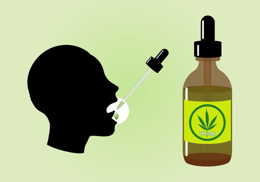 Cannabis. Frasco cuentagotas de aceite de cannabis con silueta negra de una persona echándose una gota bajo la lengua. Legalización del cannabis sin THC