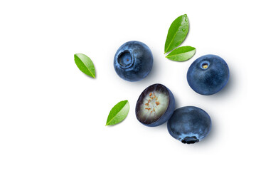 Blueberry fruit with green leaves isolated on white background. Top view. Flat lay.