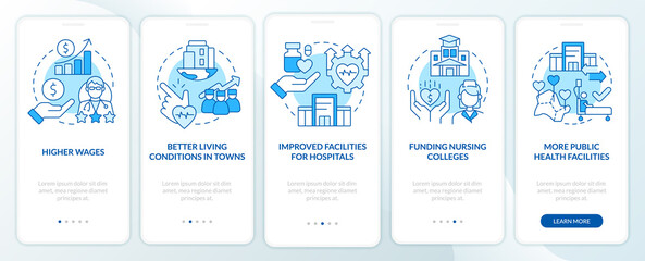 Fototapeta na wymiar Improving healthcare access blue onboarding mobile app screen. Walkthrough 5 steps editable graphic instructions with linear concepts. UI, UX, GUI template. Myriad Pro-Bold, Regular fonts used