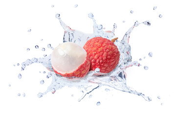 Lychee fruit in water splash isolated on white background.
