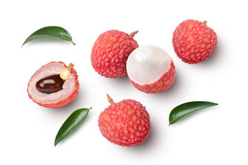 Fresh lychee with leaves isolated on white background. top view. Flat lay