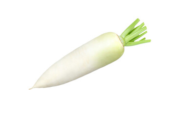 White Daikon radish with green leaf isolated on white background.