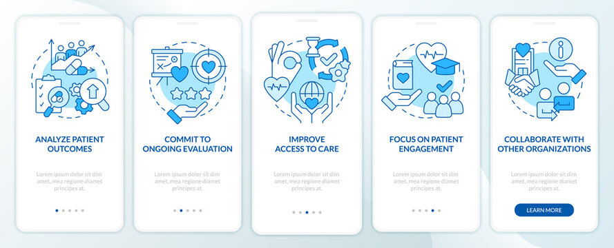 Strengthening health care system blue onboarding mobile app screen. Walkthrough 5 steps editable graphic instructions with linear concepts. UI, UX, GUI template. Myriad Pro-Bold, Regular fonts used