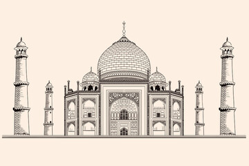 Ancient Indian temple mausoleum of Taj Mahal. Drawing isolated on a beige background.