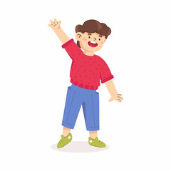 Boy waves his hand in greeting. Hello sign. Happy kids collection. Vector illustration isolated on white background