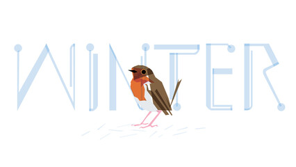 Winter robin bird graphic digital illustration with blue typography