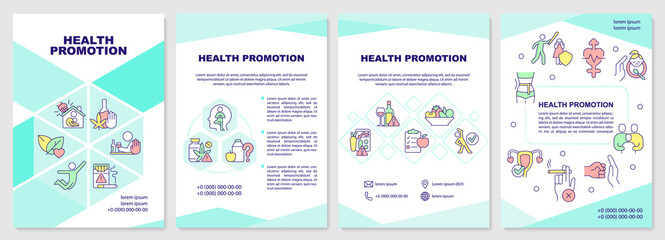 Health promotion mint brochure template. Increase awareness. Leaflet design with linear icons. Editable 4 vector layouts for presentation, annual reports. Arial-Black, Myriad Pro-Regular fonts used
