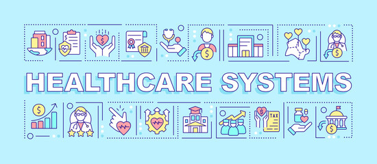 Healthcare systems word concepts blue banner. Qualified doctors. Infographics with editable icons on color background. Isolated typography. Vector illustration with text. Arial-Black font used