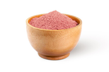 Strawberry protein powder in wooden bowl isolated on white background. 