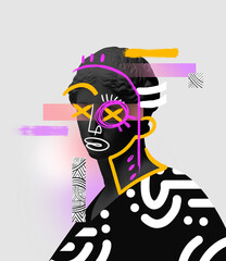 Contemporary art collage with antique black colored statue bust with neon drawings. Surreal style....
