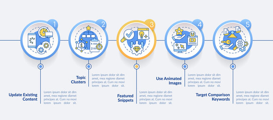 Advanced search engine optimization technique circle infographic template. Data visualization with 5 steps. Editable timeline info chart. Workflow layout with line icons. Lato-Bold, Regular fonts used