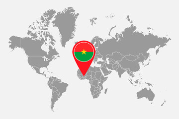Pin map with Burkina Faso flag on world map. Vector illustration.