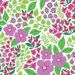 Seamless pattern with summer meadow, hand drawn plants, decorative flowers, leaves on a white background. Cute floral print with purple flowers, green foliage. Vector illustration.