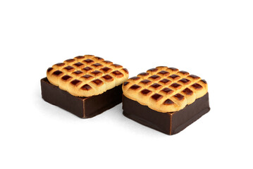 Shortbread cookies with souffle in chocolate glaze Ptichye moloko isolated on white background.