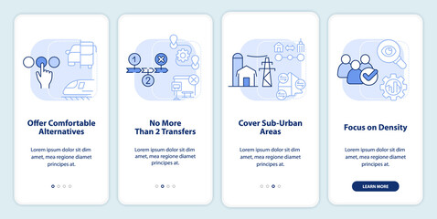 Building mobility services light blue onboarding mobile app screen. Walkthrough 4 steps editable graphic instructions with linear concepts. UI, UX, GUI template. Myriad Pro-Bold, Regular fonts used