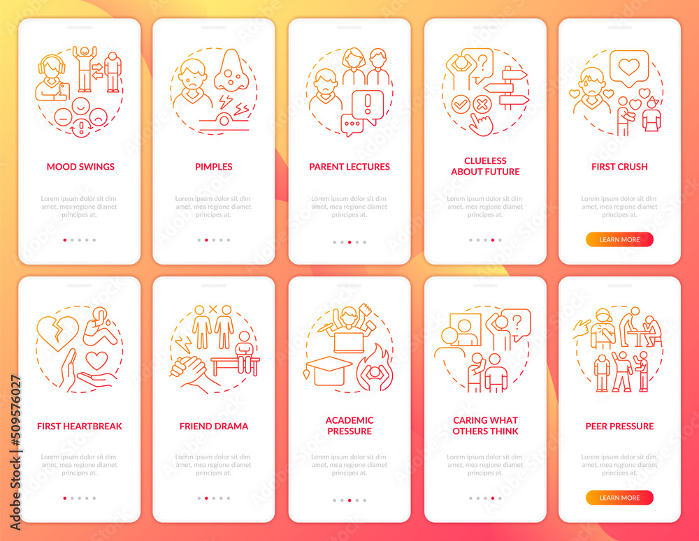 Poster difficulties of teenage life red gradient onboarding mobile app screen set. walkthrough 5 steps grap