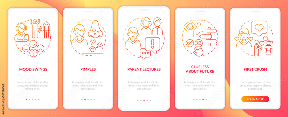 Poster main concerns facing teens red gradient onboarding mobile app screen. walkthrough 5 steps graphic in