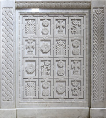 Marble stone carving with geometric, plant and bird motifs. Handmade. marble texture. Byzantine...