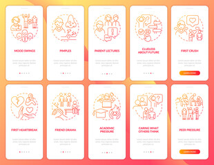 Difficulties of teenage life red gradient onboarding mobile app screen set. Walkthrough 5 steps graphic instructions with linear concepts. UI, UX, GUI template. Myriad Pro-Bold, Regular fonts used