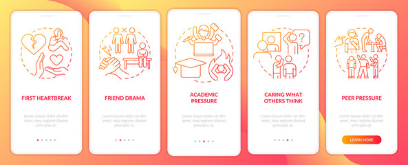 Common teenage issues red gradient onboarding mobile app screen. Friend drama walkthrough 5 steps graphic instructions with linear concepts. UI, UX, GUI template. Myriad Pro-Bold, Regular fonts used