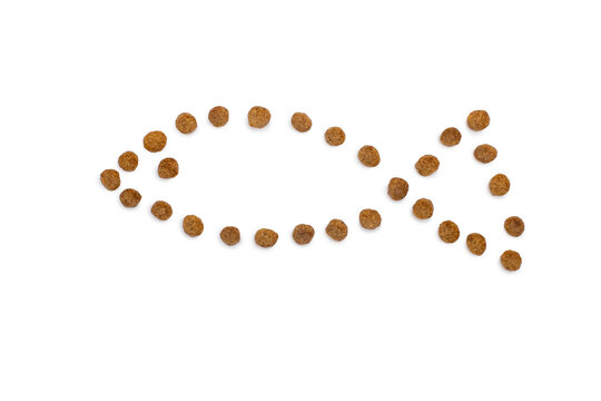 Dry pet food in the shape of a fish on a white isolated background. Healthy dry pet food in the center of the horizontal image. The concept of healthy and nutritious food for animals