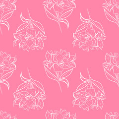 Alstroemeria is a seamless pattern of an isolated white outline drawn in a sketch style, several flowers on the same stem with leaves. a simple bouquet of alstroemeria on pink