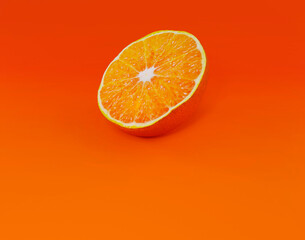 Orange fruit isolated on orange background with copy space. Half fruit with juicy pulp on a banner for advertising, menu or offer