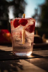 Pink Gin-Tonic cocktail on a terrace in summer