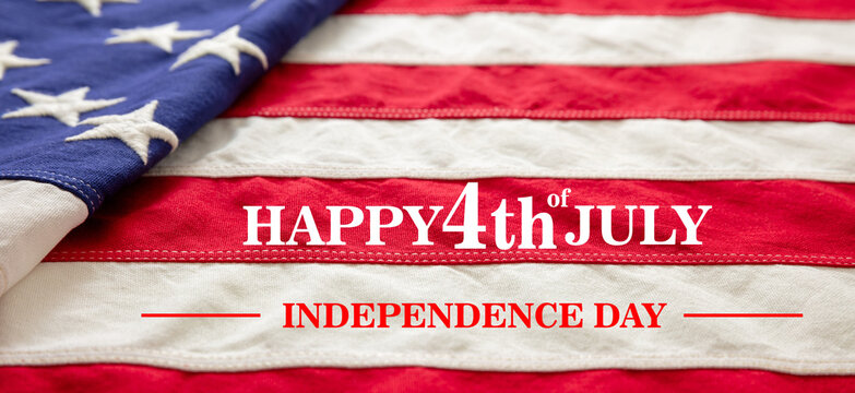 July Fourth, HAPPY 4th Of JULY, Text On USA Flag. US America National Holiday Celebration