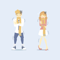 man and woman in yellow scarf, arm crossed shaking, shiver, chills, health care concept, vector illustration cartoon flat character design