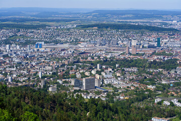 Aerial view of City of Zürich seen from local mountain Uetliberg on a sunny spring day. Photo taken May 18th, 2022, Zurich, Switzerland.