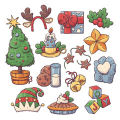 Christmas collection with traditional Christmas symbols, sweets and decorative elements. Isolated objects for backgrounds, wallpapers, textile, postcards, t-shirt prints. Vector hand drawn style.
