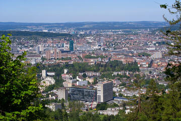 Aerial view of City of Zürich seen from local mountain Uetliberg on a sunny spring day. Photo taken May 18th, 2022, Zurich, Switzerland.