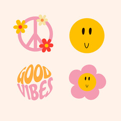 70s retro hippie icons.1970 vibe set. Retro flat illustrations. 1970 daisy flower, peace symbol, yellow smile
