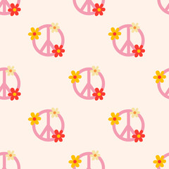 70s retro seamless pattern with peace  symbols. Floral peace symbol pattern.1970s vibe