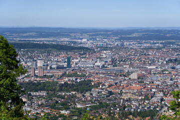 Aerial view of City of Zürich seen from local mountain Uetliberg on a sunny spring day. Photo taken May 18th, 2022, Zurich, Switzerland.