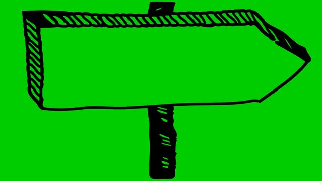 Animated symbol of sign pointer. Empty board on a stick. Wooden billboard. Hand drawn black arrow points to the right. Vector illustration isolated on green background.