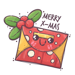 Greeting envelope with Christmas mistletoe. Magical Christmas character with cute face for posters, postcards, t-shirt prints. Merry x-mas - lettering quote. Vector hand drawn style illustration.