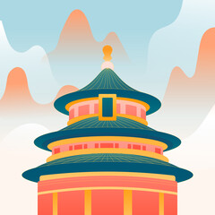 People travel on vacation with various plants and buildings in the background, vector illustration, Chinese translation: Summer Solstice