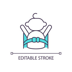 Child safety in car RGB color icon. Fasten seat belt. Baby protection in automobile. Safe roadtrip. Isolated vector illustration. Simple filled line drawing. Editable stroke. Arial font used