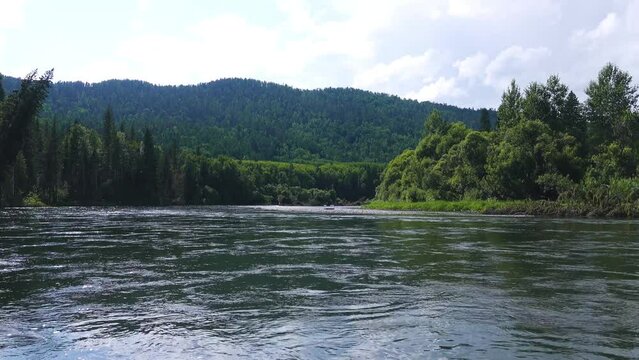 Huge 30-meter Siberian spruce trees were washed away by river during spring flood, and islands are now, loss of forests. Power of water, undercut slope, stream bank erosion
