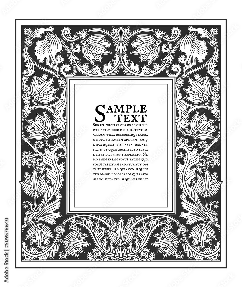 Wall mural vector old european manuscript book page decoration, black vintage vertical floral frame, antique en