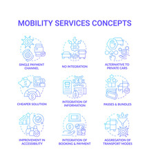 Mobility as service blue gradient concept icons set. Urban infrastructure. Transport services. Maas idea thin line color illustrations. Isolated symbols. Roboto-Medium, Myriad Pro-Bold fonts used