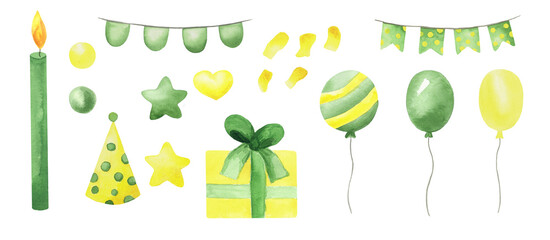 the clip art of the carnival festival of the festive party. Watercolor set - cake, gifts, balloon, candles, garlands