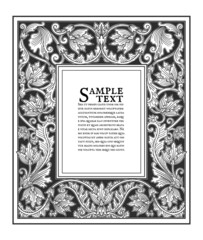 Vector old european manuscript book page decoration, black vintage vertical floral frame, antique engraved design element empty frame in art nouveau style - 509578640