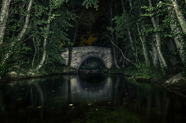 Roman bridge over the Arroyo del Jobalo as it passes through the town of Siete Iglesias, Madrid.