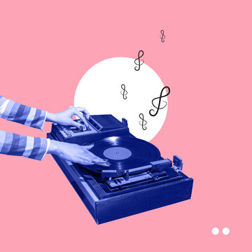 Colorful image of female hands spinning retro vinyl record player like a dj isolated over pink background. Contemporary art collage. Poster graphics
