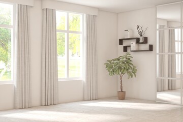 White empty room with summer landscape in window. Scandinavian interior design. 3D illustration