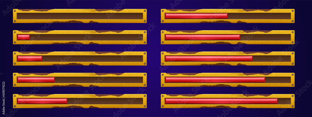 Poster game progress bars, load slider with metal frame with rust and peeling paint. vector cartoon set of 